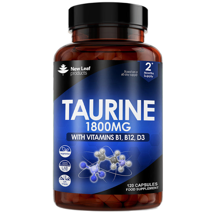 New Leaf taurine capsules 1800mg with Vitamin B1, B12, and D3 in a clear bottle with label