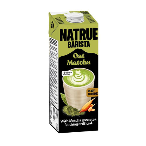 Natrue Oat Matcha beverage in a 1L carton, featuring a green design and oat graphics.