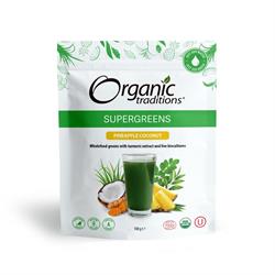 Organic Traditions Super Green Pineapple Coconut powder package featuring green drink and tropical fruit imagery
