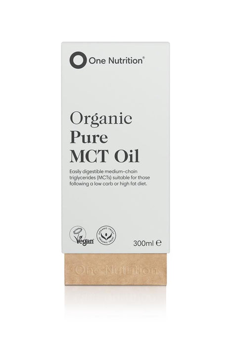 One Nutrition organic MCT oil bottle 300ml, clear liquid, vegan-friendly, ideal for cooking and supplementation.