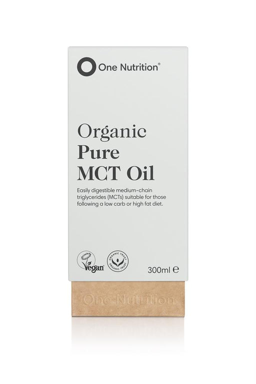 One Nutrition organic MCT oil bottle 300ml, clear liquid, vegan-friendly, ideal for cooking and supplementation.