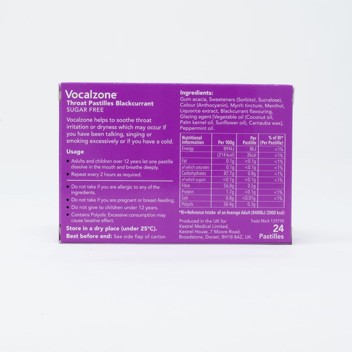 Vocalzone Blackcurrant Throat Pastilles - Sugar-Free x 24