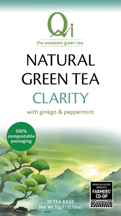 Qi Clarity Tea with ginkgo and peppermint, 20 compostable bags in green packaging