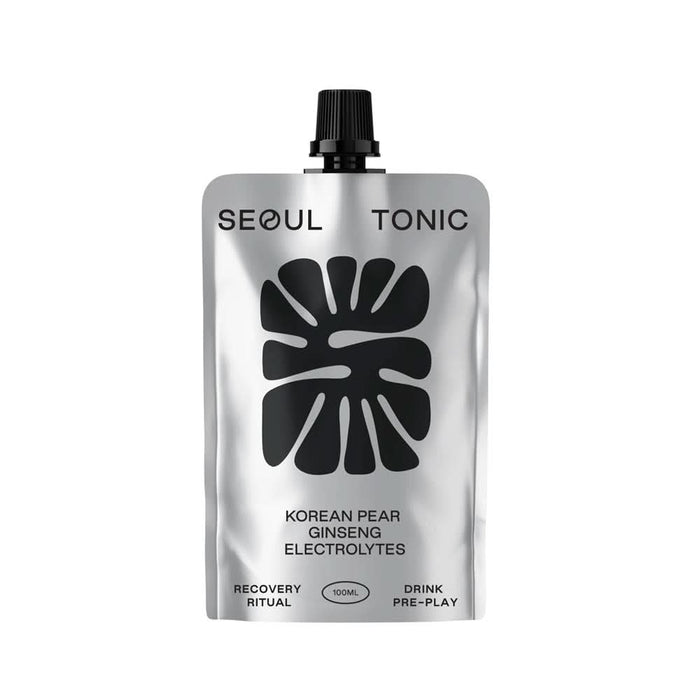 Silver pouch of Seoul Tonic Korean Pear Recovery Drink with ginseng and electrolytes, 100ml.
