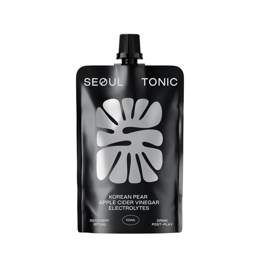 Korean Pear ACV recovery drink in a sleek black pouch, infused with electrolytes by Seoul Tonic, 100ml.