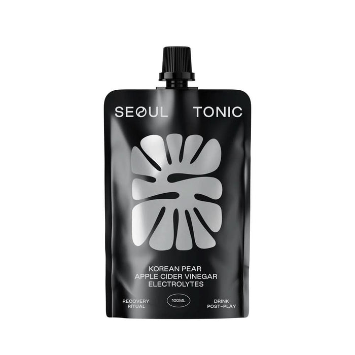 Korean Pear ACV recovery drink in a sleek black pouch, infused with electrolytes by Seoul Tonic, 100ml.