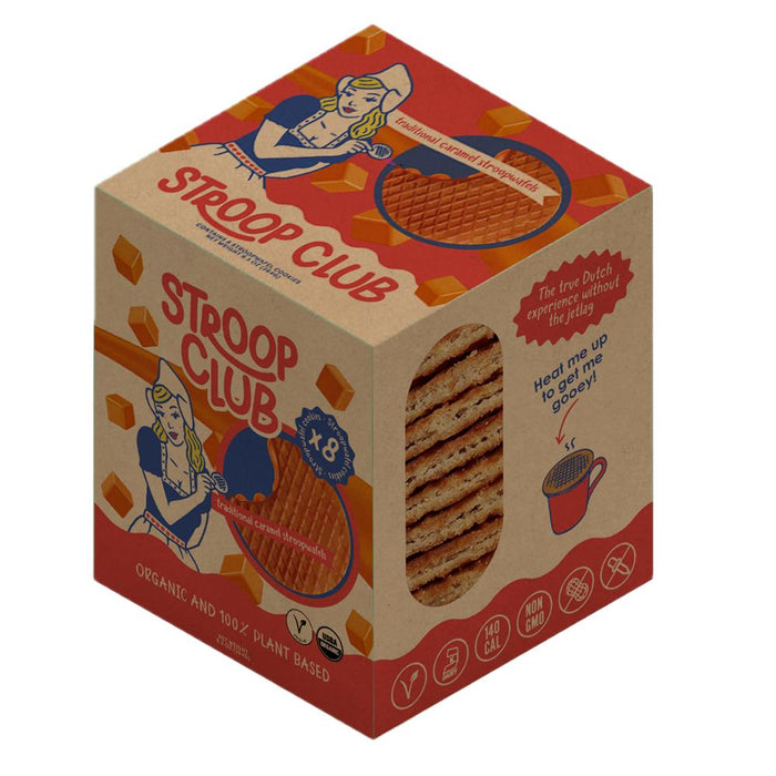 Pack of Stroop Club plant-based stroopwafels, 8 cookies with caramel filling, in colorful packaging.