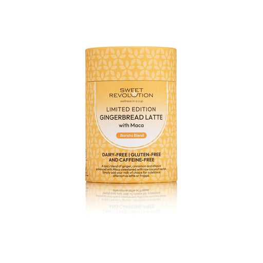 Limited edition Gingerbread Latte blend in yellow packaging, dairy-free, gluten-free, and caffeine-free by Sweet Revolution.