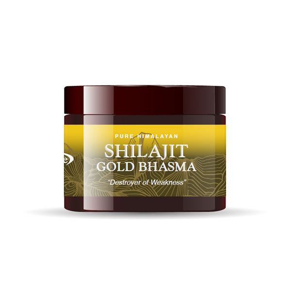 Improve Me Shilajit Gold Bhasma 50g in a brown jar with yellow label, labeled as "Destroyer of Weakness".