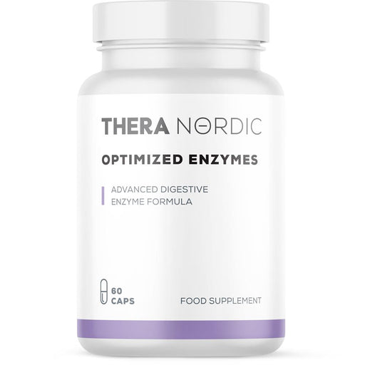 THERA Nordic Optimized Enzymes supplement capsules in a clear bottle, 60 count, white label with blue accents