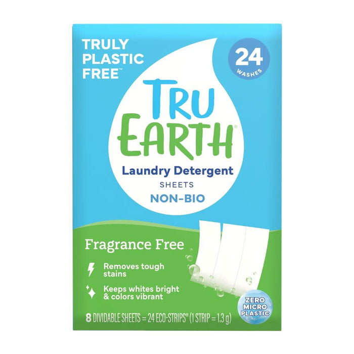 Tru Earth fragrance-free laundry strips, eco-friendly, 24 washes, plastic-free packaging, 8 dividable sheets.