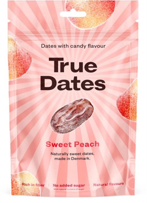 True Dates Sweet Peach health snack in 100g package, featuring a vibrant peach and health-focused branding.