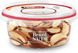 Tropgo Raw Brazil Nuts in clear container, featuring large, cream-colored nuts with brown skin.