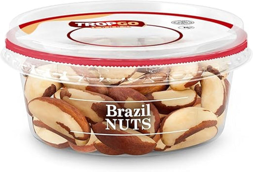 Tropgo Raw Brazil Nuts in clear container, featuring large, cream-colored nuts with brown skin.