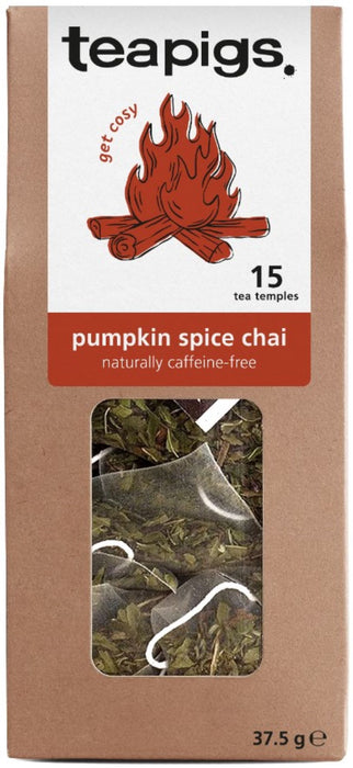 Teapigs Pumpkin Spice Chai infusion, 15 teabags in eco-friendly packaging, featuring herbal blend and autumn theme.