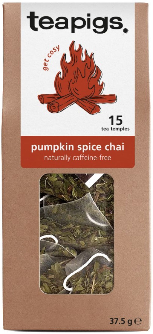 Teapigs Pumpkin Spice Chai infusion, 15 teabags in eco-friendly packaging, featuring herbal blend and autumn theme.