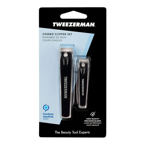 Tweezerman Combo Clipper Set with two sleek black nail clippers in compact packaging.