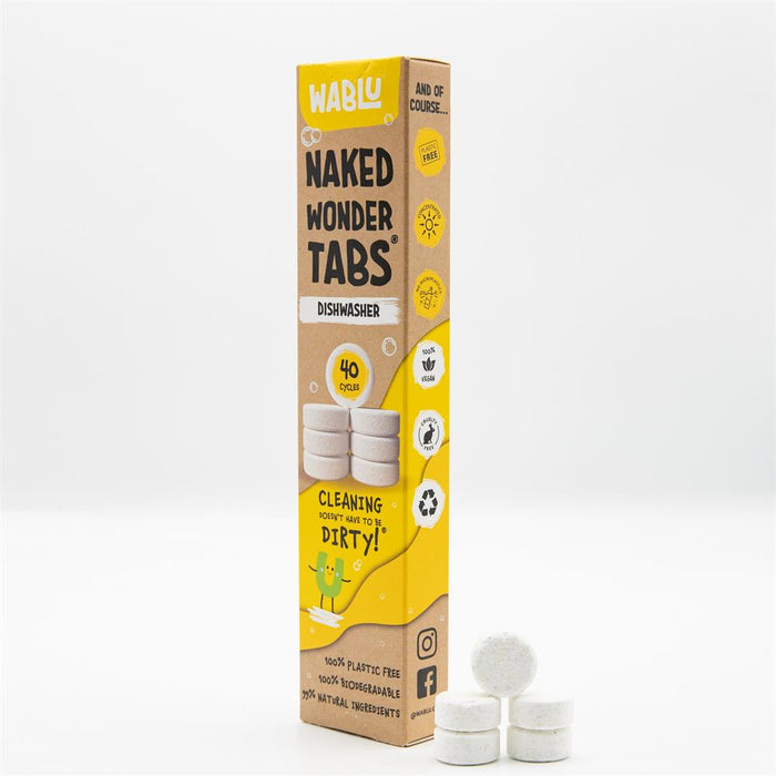 Wablu Naked Wonder Tabs Dishwasher, 40 eco-friendly tabs in a colorful box, 100% natural and plastic-free.
