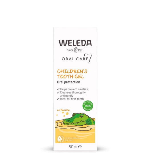 Weleda Children's Tooth Gel in a 50ml tube, featuring a friendly crocodile design, promotes oral health without fluoride.