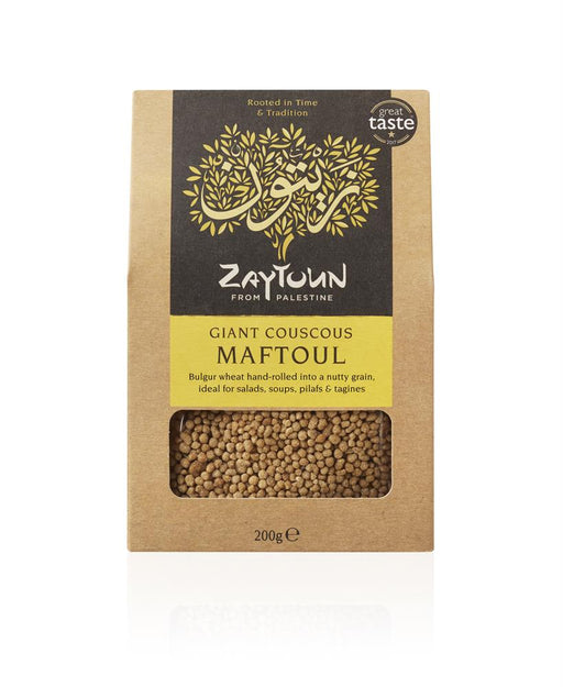 Zaytoun Giant Couscous Maftoul 200g package, featuring a natural grain texture and eco-friendly design.