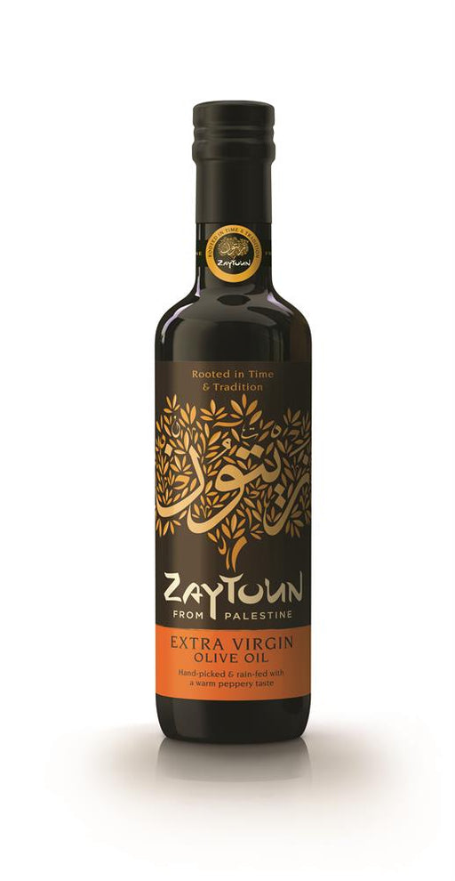Green glass bottle of Zaytoun Extra Virgin Olive Oil, 250ml, showcasing premium health cooking oil