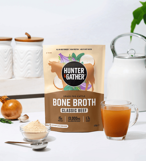 Classic beef bone broth in a 400g glass jar by Hunter & Gather