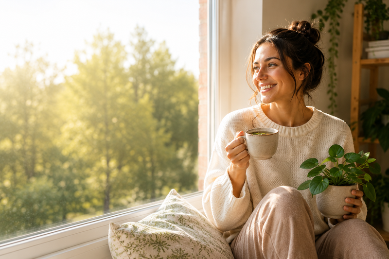 Woman relaxing with tea by a window