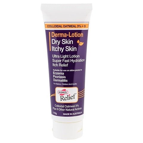 White tube of Hopes Relief Derma Lotion 110g for dry and itchy skin, featuring colloidal oatmeal and natural ingredients.
