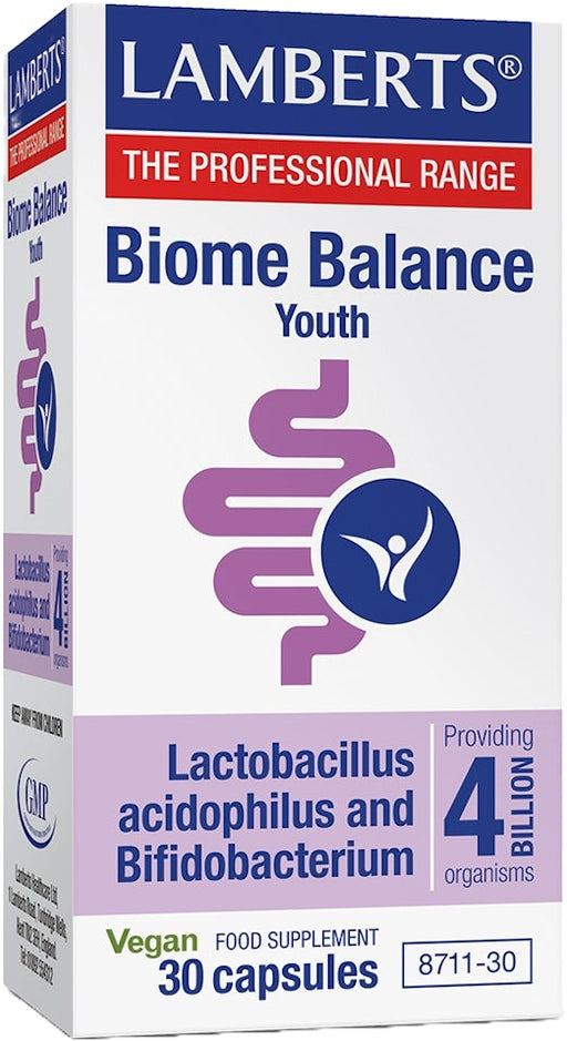 Lamberts Biome Balance Youth capsules, vegan supplement with 4 billion Lactobacillus and Bifidobacterium, 30-count box.