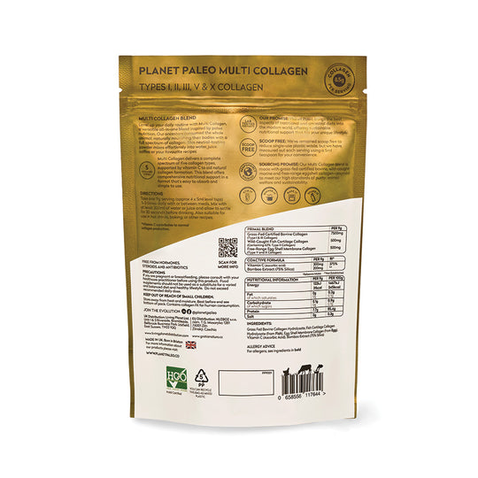 Gold packaging of Planet Paleo Multi Collagen 225g featuring five types of grass-fed marine collagen.