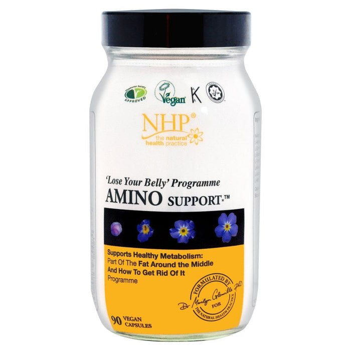 Natural Health Practice Amino Support 90 vegan capsules for healthy metabolism with floral design on the label.
