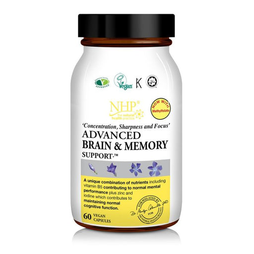 Natural Health Practice Advanced Brain Memory Support 60 vegan capsules, featuring a white and yellow label with purple acce