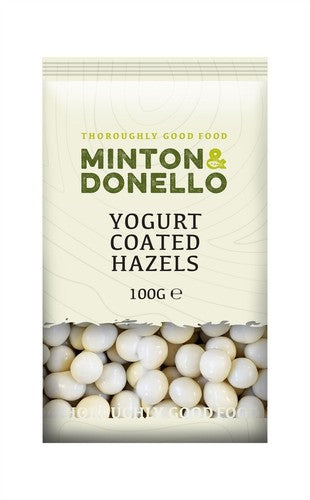 White yogurt-coated hazelnuts in a clear bag, 100g, by Minton & Donello.