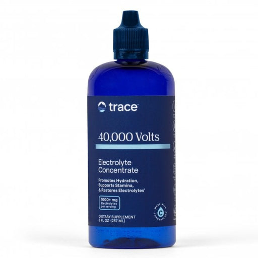 Blue plastic bottle of Trace Minerals 40,000 Volts Electrolyte Concentrate, 237ml, promoting hydration and energy.