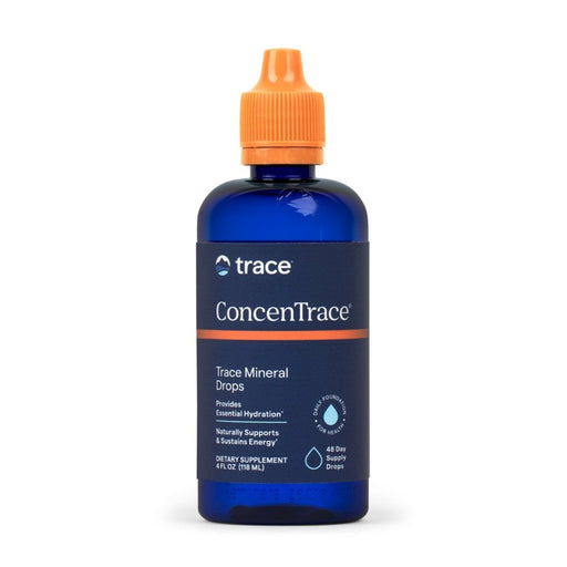 Blue glass bottle of ConcenTrace Trace Mineral Drops with orange cap for electrolyte and bone health support.
