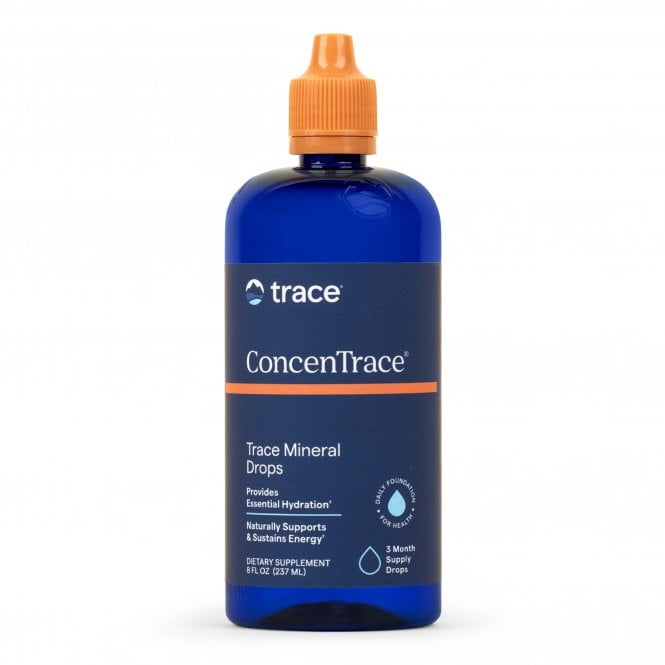 ConcenTrace Ionic Trace Mineral Drops in blue glass bottle, 237ml for bone health and electrolyte support.