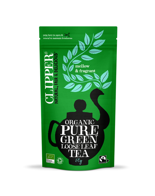 Clipper Pure Green Loose Tea 80g package with green and white design, featuring natural ingredients