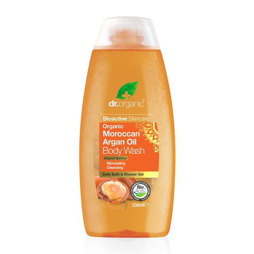 Dr Organic Moroccan Argan Oil Body Wash 250ml bottle with a sleek design and earthy branding.