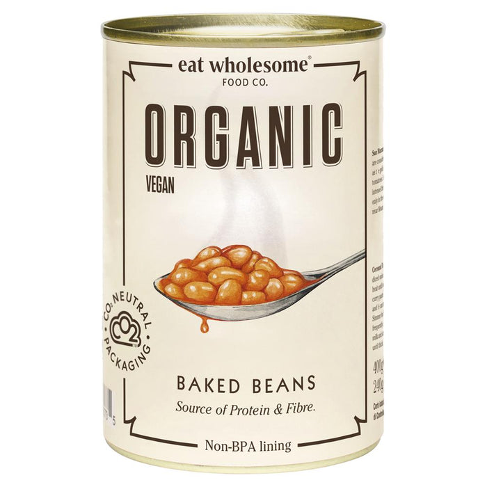 400g can of Eat Wholesome organic baked beans, featuring a green label and wholesome ingredients