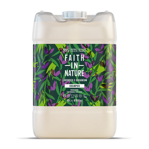 20L lavender and geranium shampoo from Faith in Nature, featuring a large, eco-friendly container.