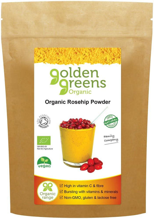 Golden Greens Organic Rosehip Powder 200g, high in vitamin C, packaged in a resealable kraft pouch.