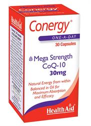 HealthAid Conergy CoQ-10 20mg supplement capsules in a red and white box, 30 capsules per pack.
