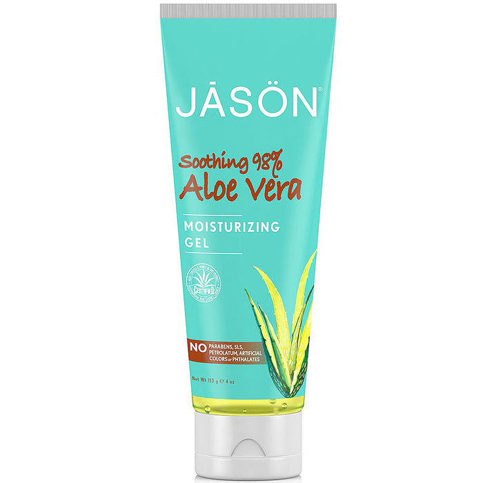 Jason Aloe Vera Moisturizing Gel 98%, 120g tube with soothing aloe vera, free from parabens and sulfates.