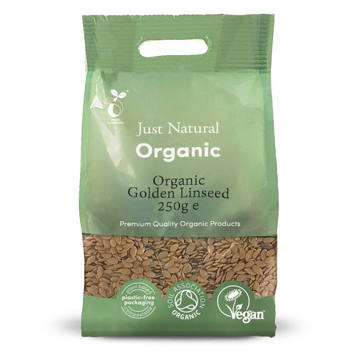 Just Natural Organic Golden Linseed seeds in a 250g package with green and gold design