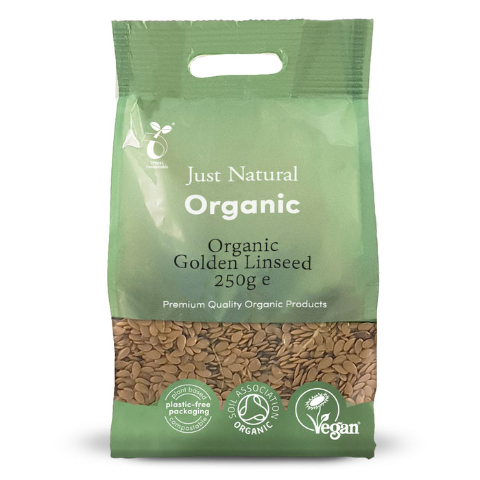 Just Natural Organic Golden Linseed seeds in a 250g package with green and gold design