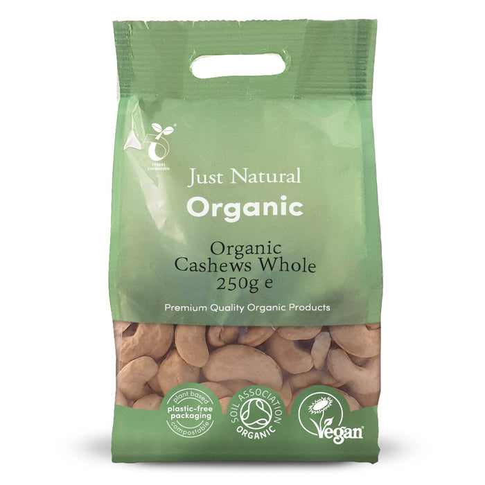 Just Natural Organic Whole Cashews 250g in eco-friendly packaging, premium quality, vegan and plastic-free.