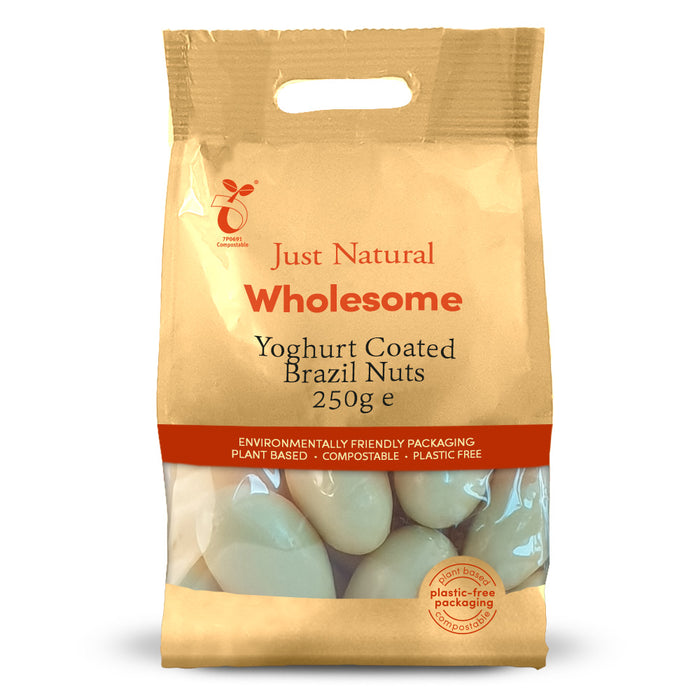 Yoghurt coated Brazil nuts in a 250g biodegradable bag by Just Natural, featuring a plant-based and plastic-free design.
