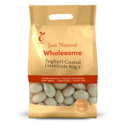 Just Natural yoghurt coated hazelnuts in environmentally friendly packaging, 80g, featuring a beige bag with clear window.
