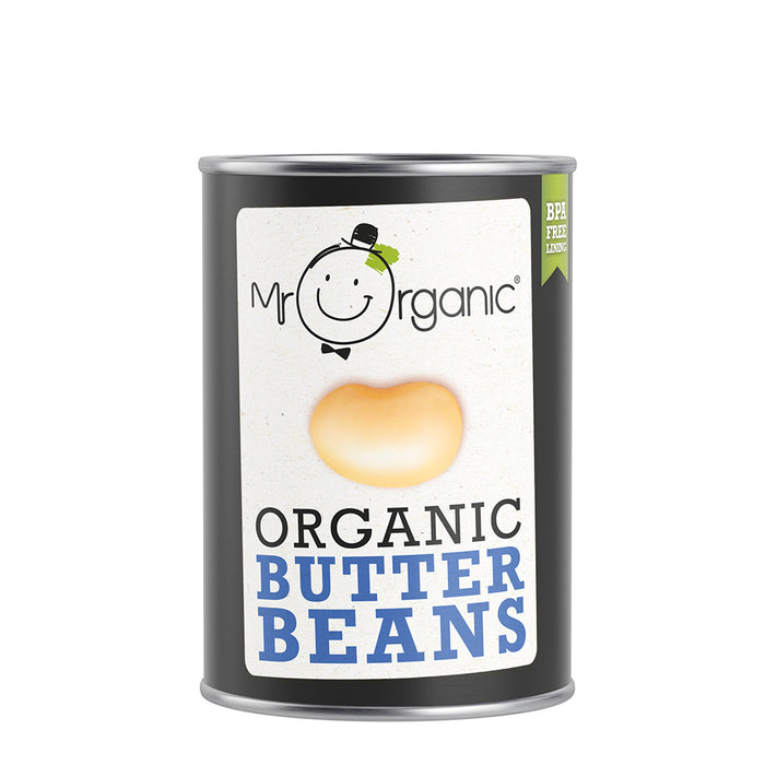 Mr Organic 400g tin of butter beans with a vibrant green label