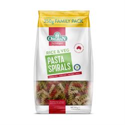 Orgran Vegetable Rice Spirals in a 350g package, featuring colorful pasta shapes suitable for health-conscious meals.